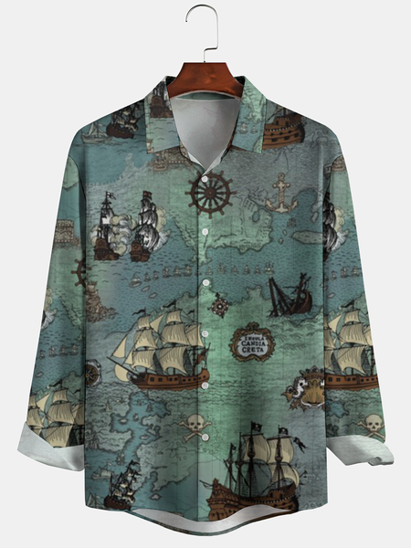 

Casual Art Series Ocean Flag Sailboat Map Element Pattern Lapel Long Sleeve Print Shirt Top, Cyan, Long Sleeve Shirts