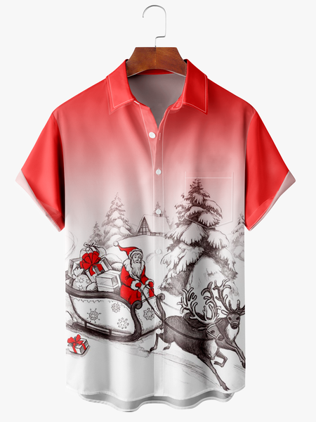 

Men's Santa Print Fashion Lapel Short Sleeve Hawaiian Shirt, Red, Short Sleeve Shirts
