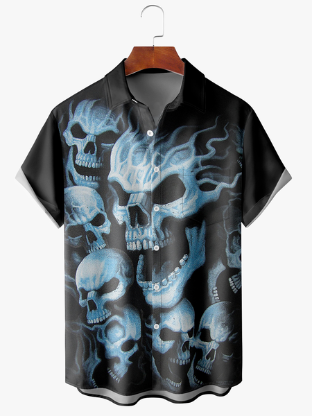 

Mens Halloween Print Short Sleeve Shirt Lapel Top, Black, Short Sleeve Shirts