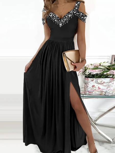 

Rhinestone Cold Shoulder Ruched High Slit Party Dress, Black, Dresses