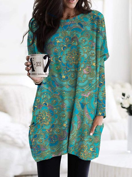 

Folk Datura print loose pocket short Dress Plus Size, Green, Mini Dresses