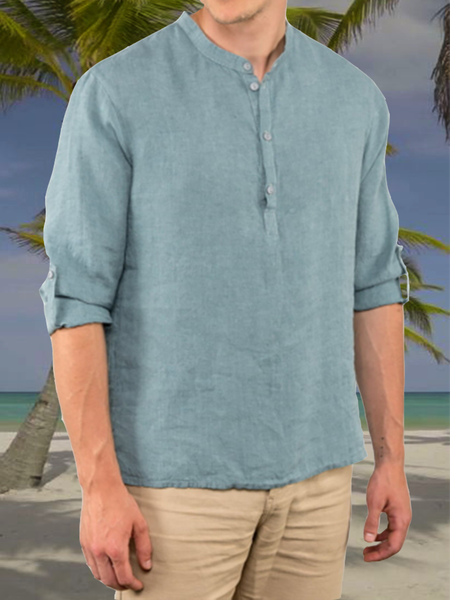 

Net based leisure long-sleeved shirt color cotton and linen style, As picture, Long Sleeve Shirts