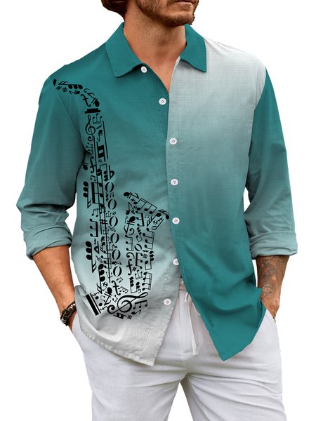 

Cotton Linen Music Print Casual Long Sleeve Shirt, As picture, Long Sleeve Shirts