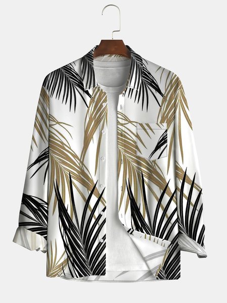 

Men's Coconut Tree Floral Print Fashion Lapel Long Sleeve Hawaiian Shirt, White, Long Sleeve Shirts