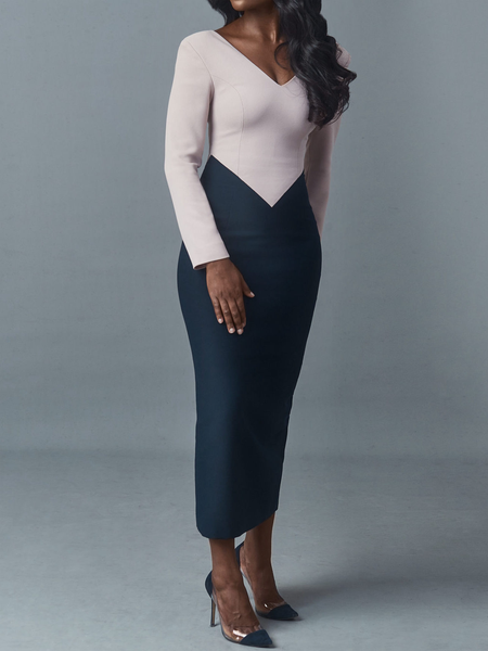 

High ElasticityTight Color Block V Neck Long sleeve Color Block Long Dresses, Nudepink, Midi Dresses