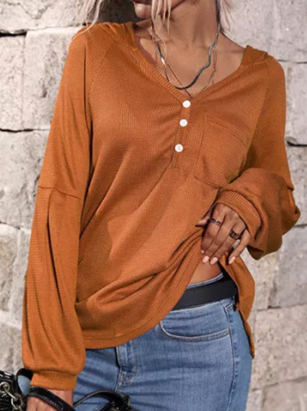 

Plain Loose Crew Neck Casual Tops, Khaki, Tops