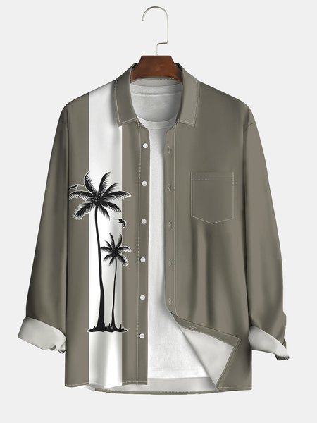 

Men's Coconut Tree Floral Print Fashion Lapel Long Sleeve Hawaiian Shirt, Khaki, Long Sleeve Shirts