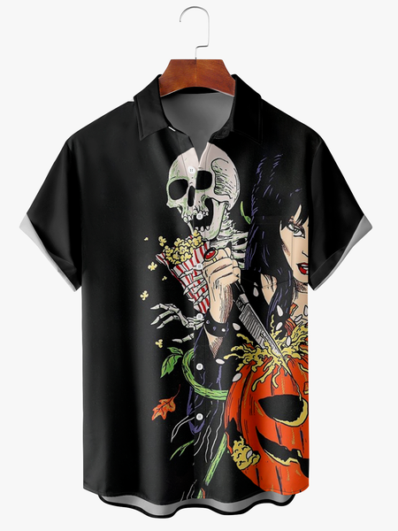 

Men's Halloween Print Fashion Lapel Short Sleeve Hawaiian Shirt, Black, Short Sleeve Shirts