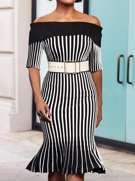 

Striped Cold Shoulder Elegant Midi Dress, Black-white, Mini Dresses