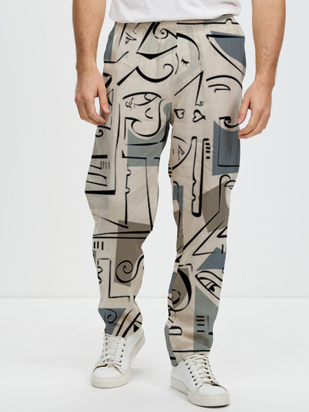 

Cotton and linen based geometric abstraction printing style leisure trousers, As picture, Men's pants