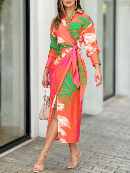 

Vacation Shirt Collar Long Sleeve Floral Printed Dress, Orange, Midi Dresses