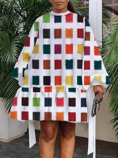 

Crew Neck Lace-up Flouncing Colorblock Long Sleeve Dress, Multicolor, Mini Dresses