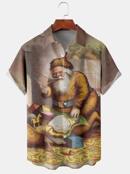 

Men's Christmas Elements Santa Graphic Print Short Sleeve Shirt, Brown, Short Sleeve Shirts