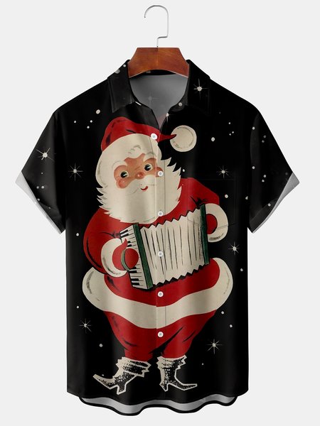 

Santa Claus Chest Pocket Short Sleeve Shirt, Black, Men Shirts