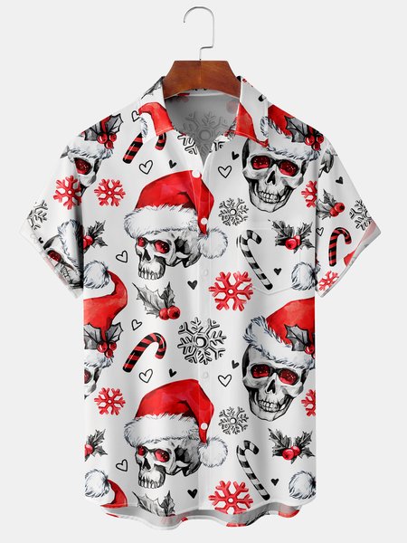 

Men's Christmas Skull Print Short Sleeve Shirt, White, Short Sleeve Shirts