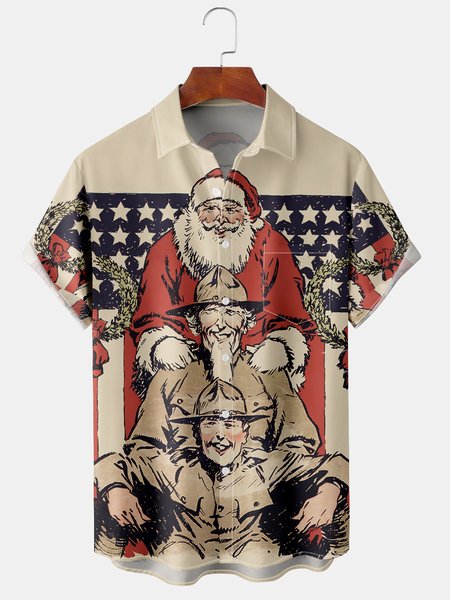 

Men's Christmas Elements Santa Graphic Print Short Sleeve Shirt, Khaki, Short Sleeve Shirts
