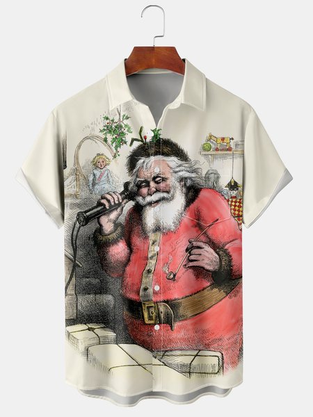 

Men's Christmas Elements Santa Graphic Print Short Sleeve Shirt, Apricot, Short Sleeve Shirts