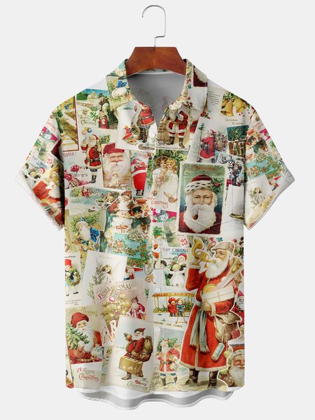 

Men's Christmas Elements Santa Graphic Print Short Sleeve Shirt, As picture, Short Sleeve Shirts