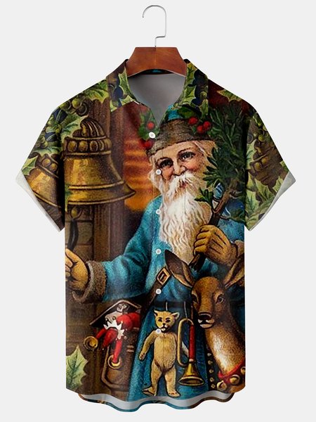 

Men's Christmas Elements Santa Graphic Print Short Sleeve Shirt, Blue, Short Sleeve Shirts