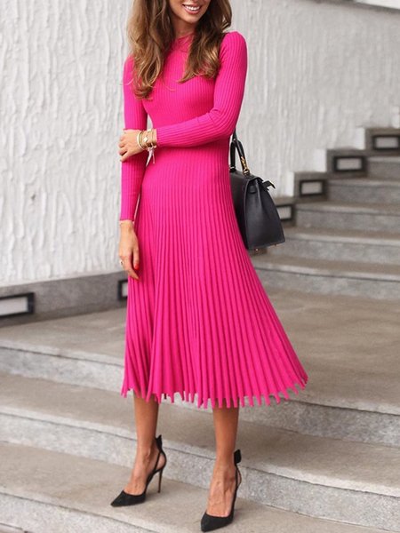 

Elegant Crew Neck Long Sleeve Pleated Dress, Rose red, Midi Dresses