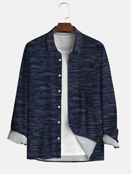 

Men's Geometric Stripe Print Fashion Lapel Long Sleeve Hawaiian Shirt, Blue, Long Sleeve Shirts