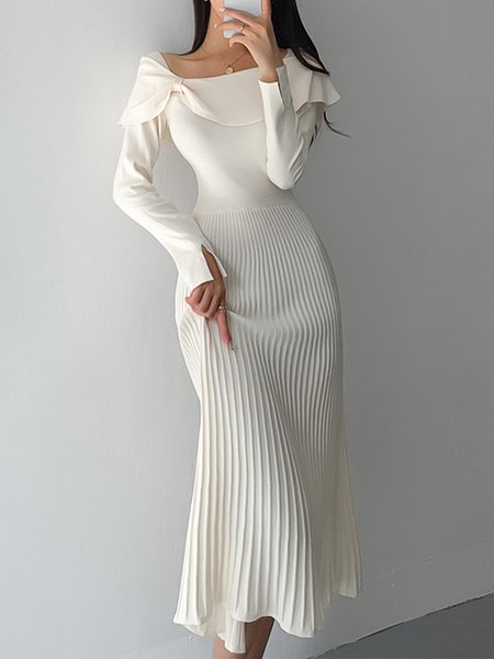 

Elegant Acrylic Plain Long Sleeve Midi Dress, White, Midi Dresses