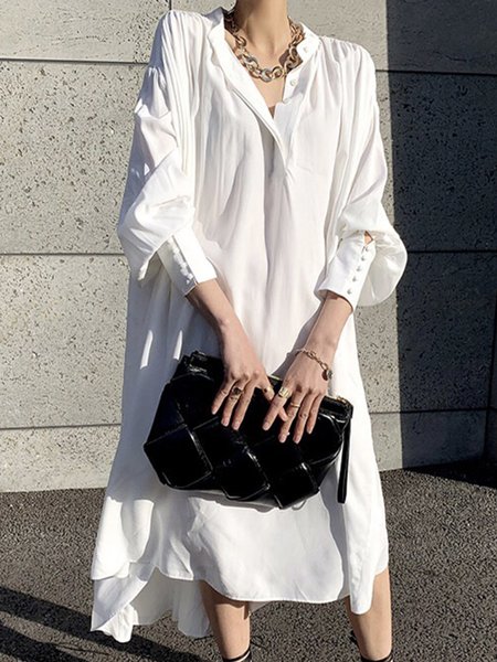 

White Daily Long sleeve Regular Fit Simple Dress, Midi Dresses