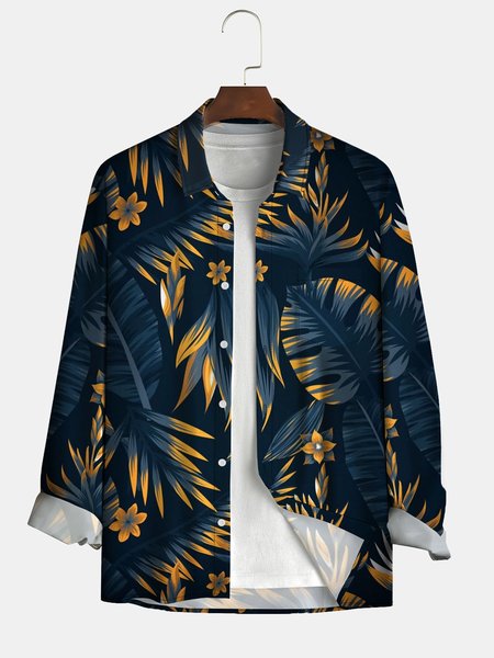 

Men's Leaf Floral Print Fashion Lapel Long Sleeve Hawaiian Shirt, Black, Long Sleeve Shirts