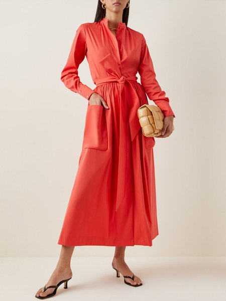 

Elegant Work Shirt Collar Long Sleeve Plain Shirt Dress, Red, Midi Dresses