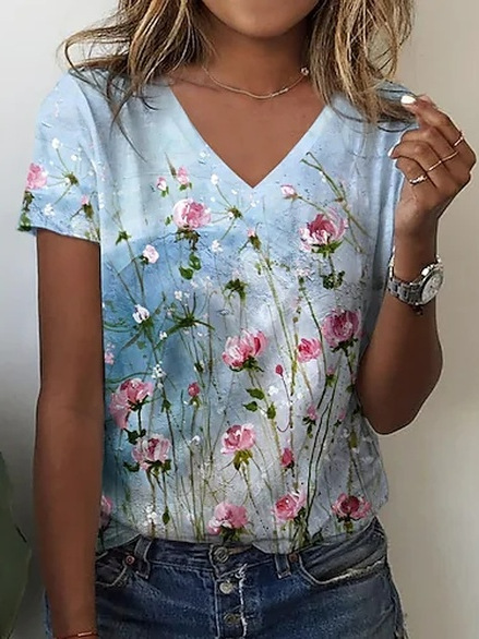 

JFN V Neck Casual Floral Summer Daily T-shirt, Multicolor, T-Shirts