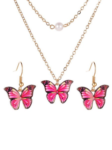 

Vintage Bionic Butterfly Pearl Multilayer Necklace and Earrings Set, Deep pink, Necklaces