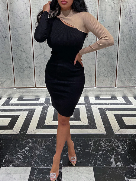 

High Elasticity Color Block Long sleeve Stand Collar Tight Dresses, Black, Mini Dresses