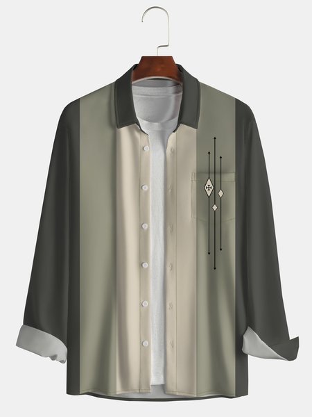 

Mens Geo Print Front Buttons Soft Breathable Chest Pocket Casual Bowling Shirts, Green, Long Sleeve Shirts