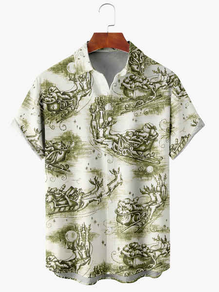 

Men's Santa Print Fashion Lapel Short Sleeve Hawaiian Shirt, Green, Short Sleeve Shirts