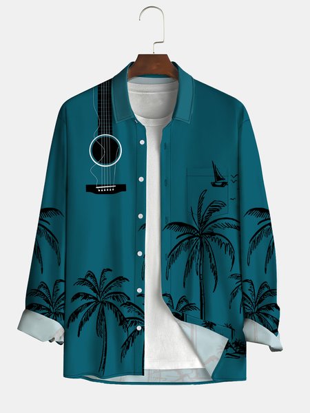 

Men's Coconut Tree Floral Print Fashion Lapel Long Sleeve Hawaiian Shirt, Blue, Long Sleeve Shirts