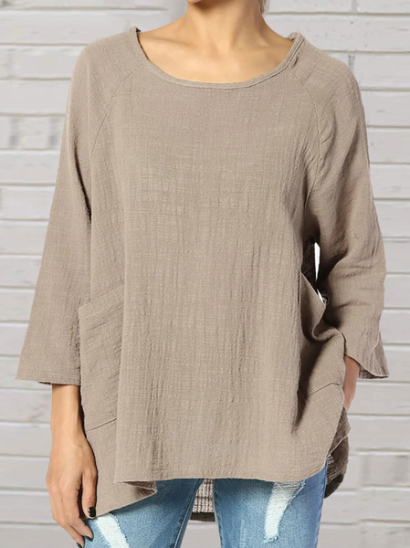

Casual Loose Solid Color Round Neck Three-Quarter Sleeve Blouse, Khaki, Tunics