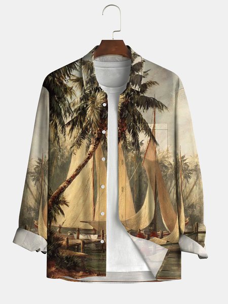 

Men's Coconut Tree Floral Print Fashion Lapel Long Sleeve Hawaiian Shirt, Green, Long Sleeve Shirts