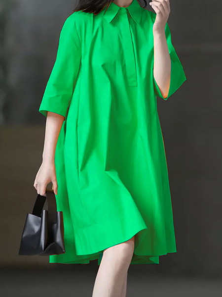 

Loose A-Line Shirt Collar Plain Three Quarter Shirt Collar Dresses, Green, Mini Dresses