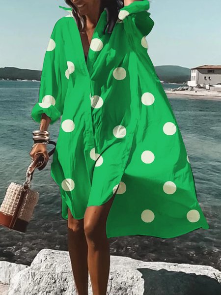 

Green Long sleeve Vacation Shirt Collar Polka Dots Dress, Midi Dresses