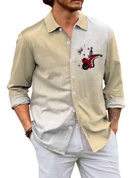 

Cotton Linen Geometric Print Casual Long Sleeve Shirt, As picture, Long Sleeve Shirts