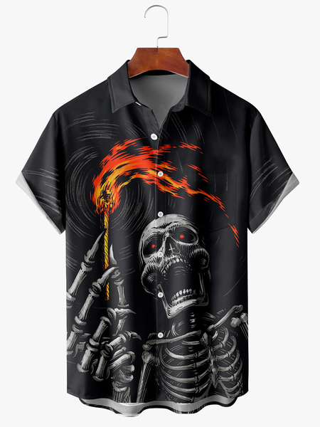 

Men's Halloween Pumpkin Print Fashion Lapel Short Sleeve Hawaiian Shirt, Black, Short Sleeve Shirts