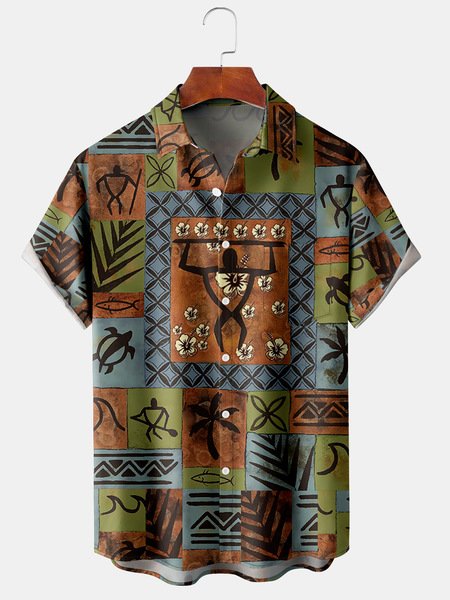 

Men's Coconut Tree Print Fashion Lapel Short Sleeve Hawaiian Shirt, Green, Short Sleeve Shirts