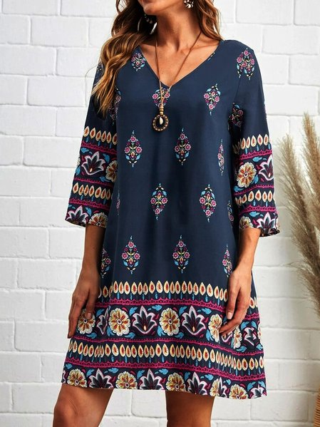 

Casual Ethnic Floral V-Neck Loose Dress, Deep blue, Dresses