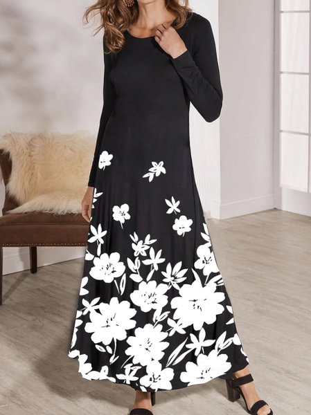 

Floral Crew Neck Regular Fit Dresses, Black, Dresses
