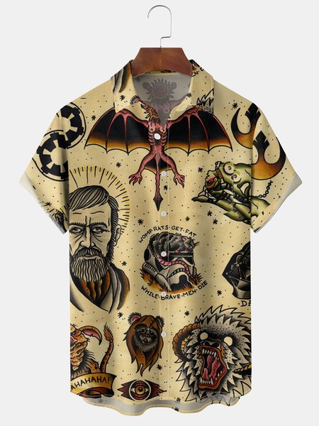 

Men's Printed Short Sleeve Hawaiian Shirt with Chest Pocket, Khaki, Short Sleeve Shirts