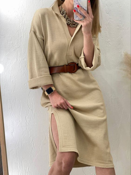 

Loose Long sleeve High Elasticity H-Line Simple Plain Dresses, Apricot, Midi Dresses