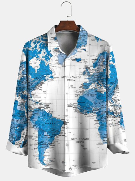 

Mens World Map Print Front Buttons Soft Breathable Chest Pocket Casual Shirt, White, Long Sleeve Shirts