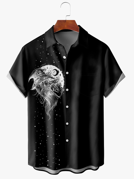 

Men's Halloween Witch Print Fashion Lapel Short Sleeve Hawaiian Shirt, Black, Short Sleeve Shirts