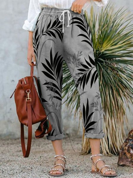 

Leaf Loose Casual Drawstring Pants, Gray, Pants