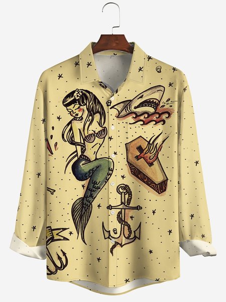 

Men's Hawaiian Mermaid Vintage Tattoo Print Casual Breathable Long Sleeve Shirt, Yellow, Long Sleeve Shirts